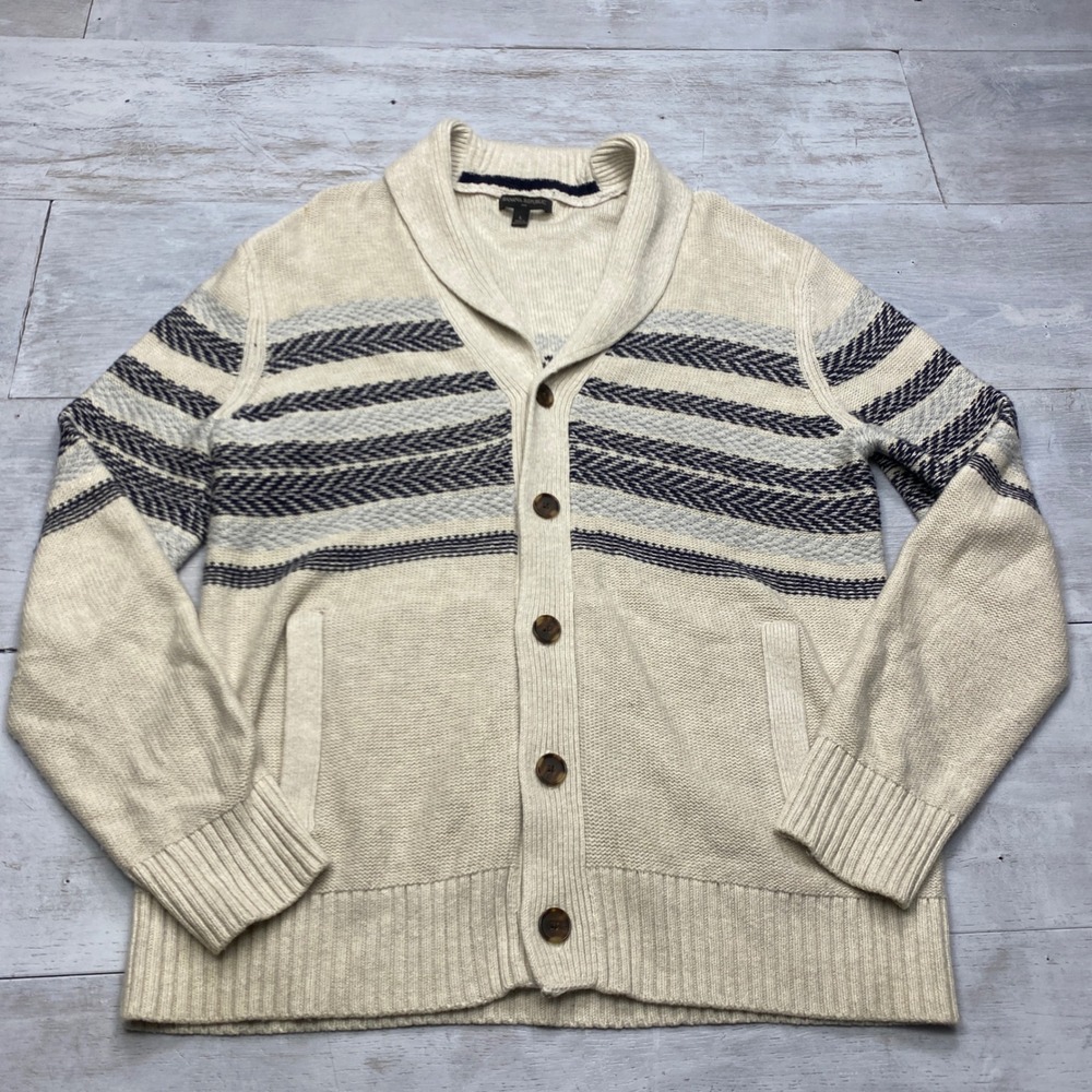 Banana Republic Cardigan Sweater Men L Cream Navy Shawl Collar Chevron Wool Blen